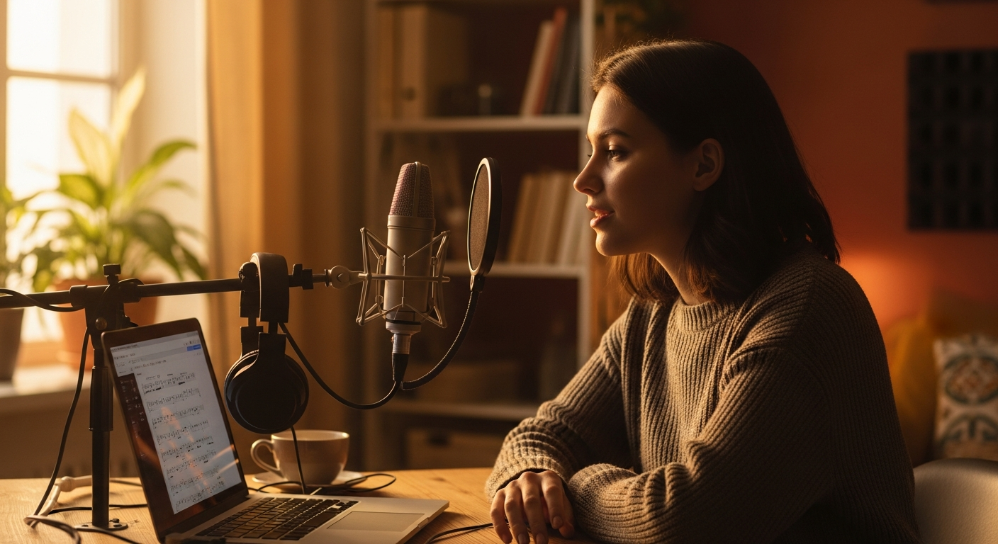 Девушка практикует вокал онлайн